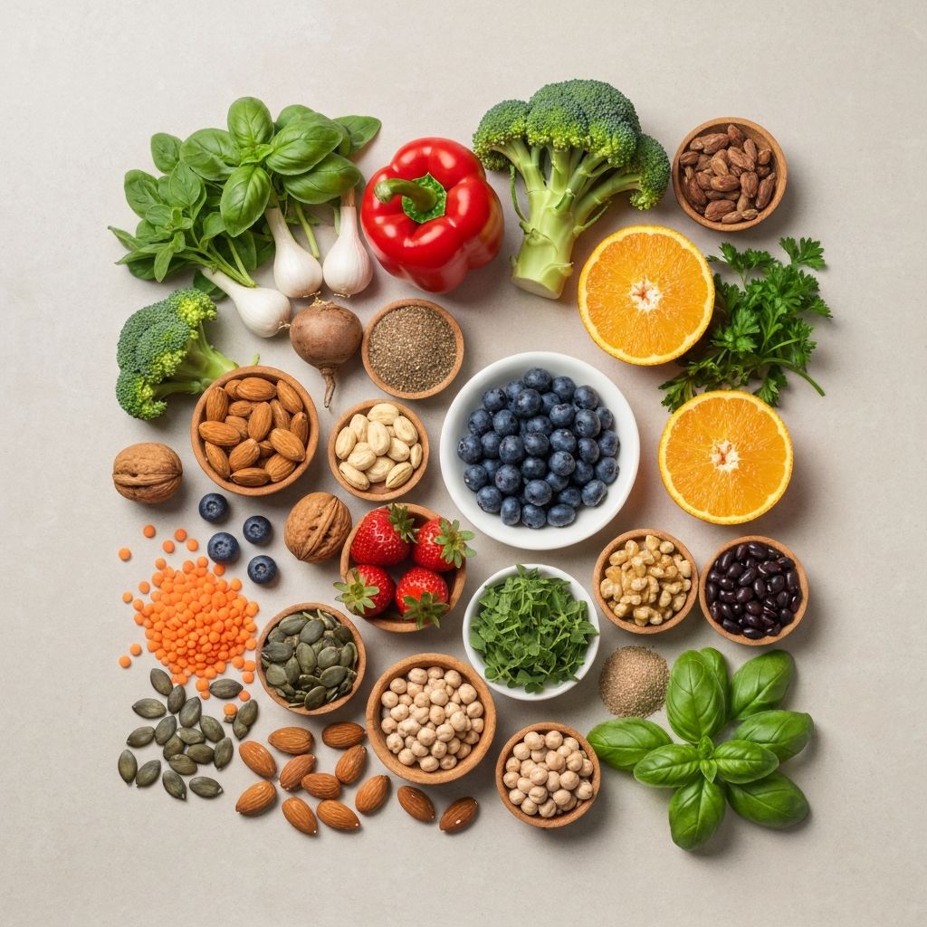 Colorful nutrient-rich foods including vegetables, fruits, and legumes